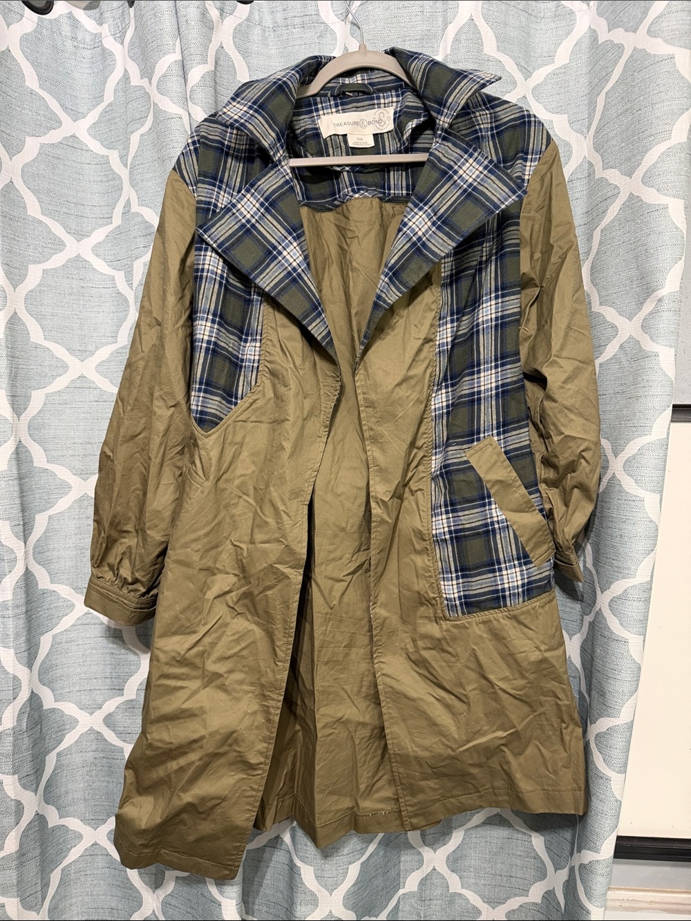 Treasure & Bond Olive Trench Coat with Blue Plaid Trim